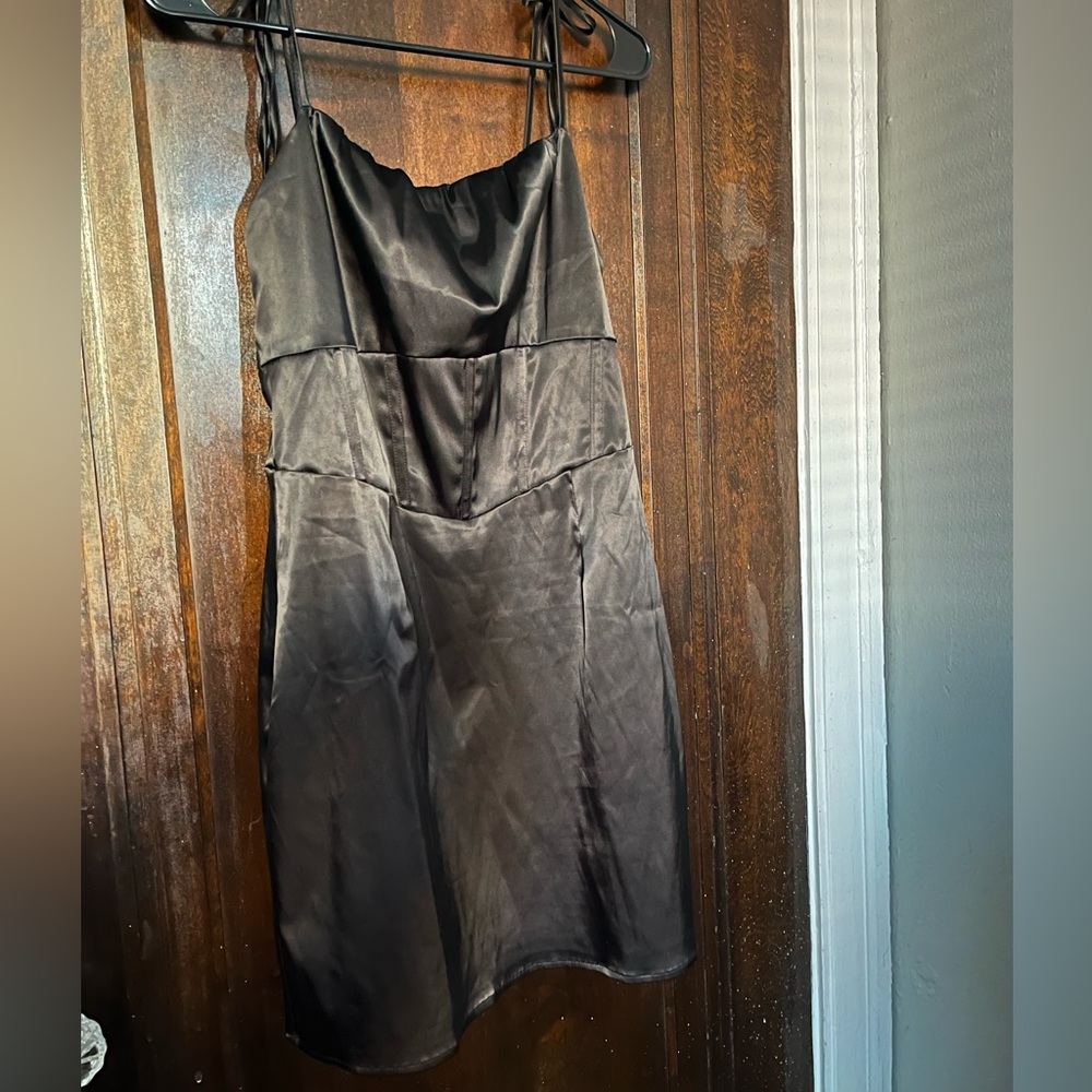 Mini black dress with built in corset and tie straps ✨ LULUS